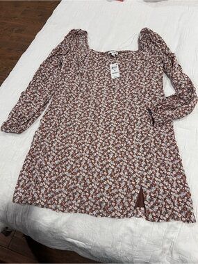 Floral Long Sleeve Square Neck Mini Dress in Brown